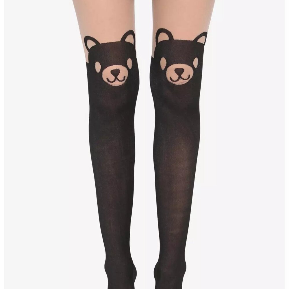 Hot Topic Bear Face Faux Thigh High Tights Lightweight Sheer Black One Size